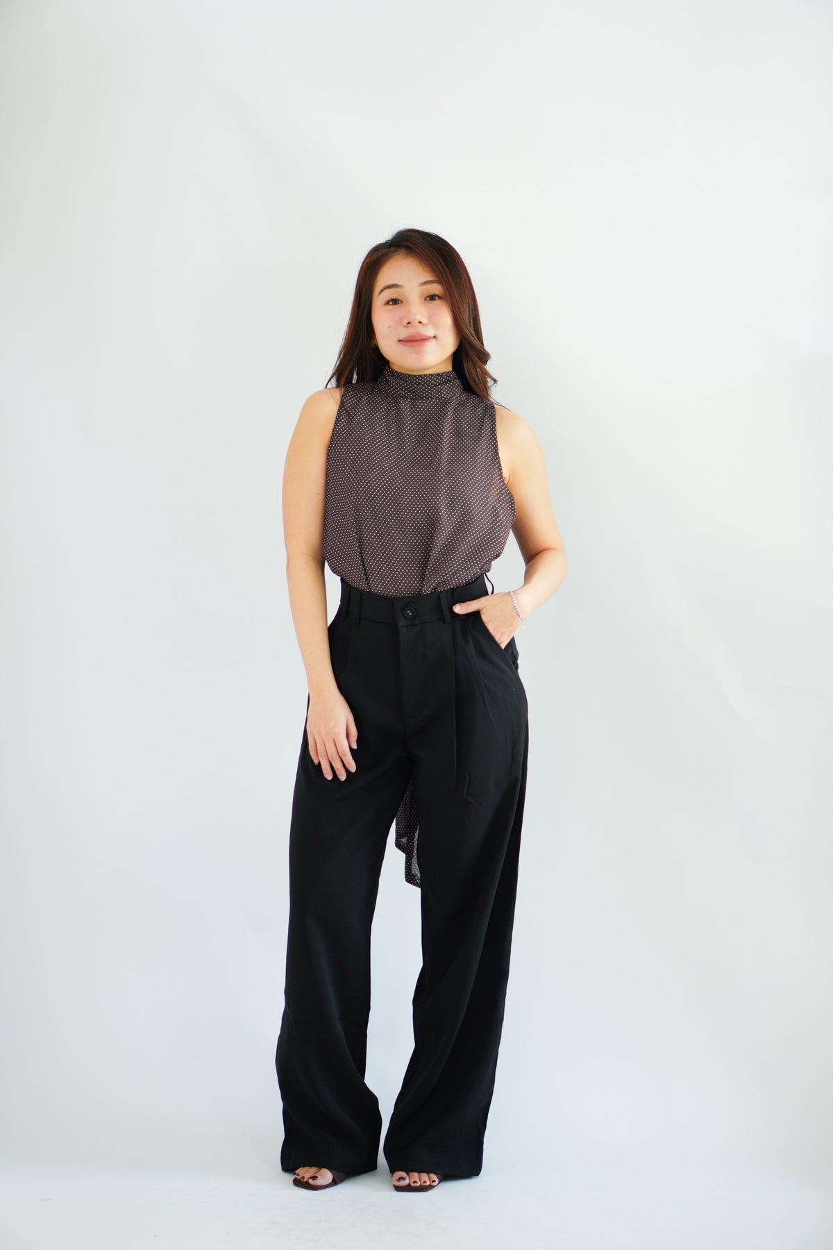 Valencia High Neck Polkadot Top in Brown
