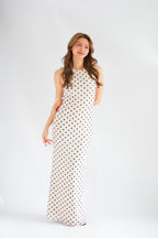 Lucille Polkadot Boat Neck Mesh Maxi Dress in Beige
