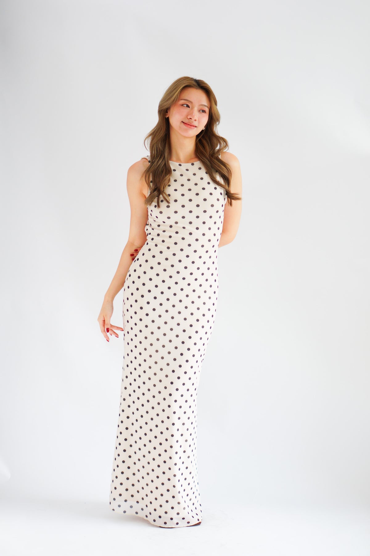 Lucille Polkadot Boat Neck Mesh Maxi Dress in Beige