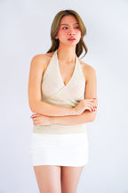 Nayeli V Neck Knit Self Wrap Top in Beige