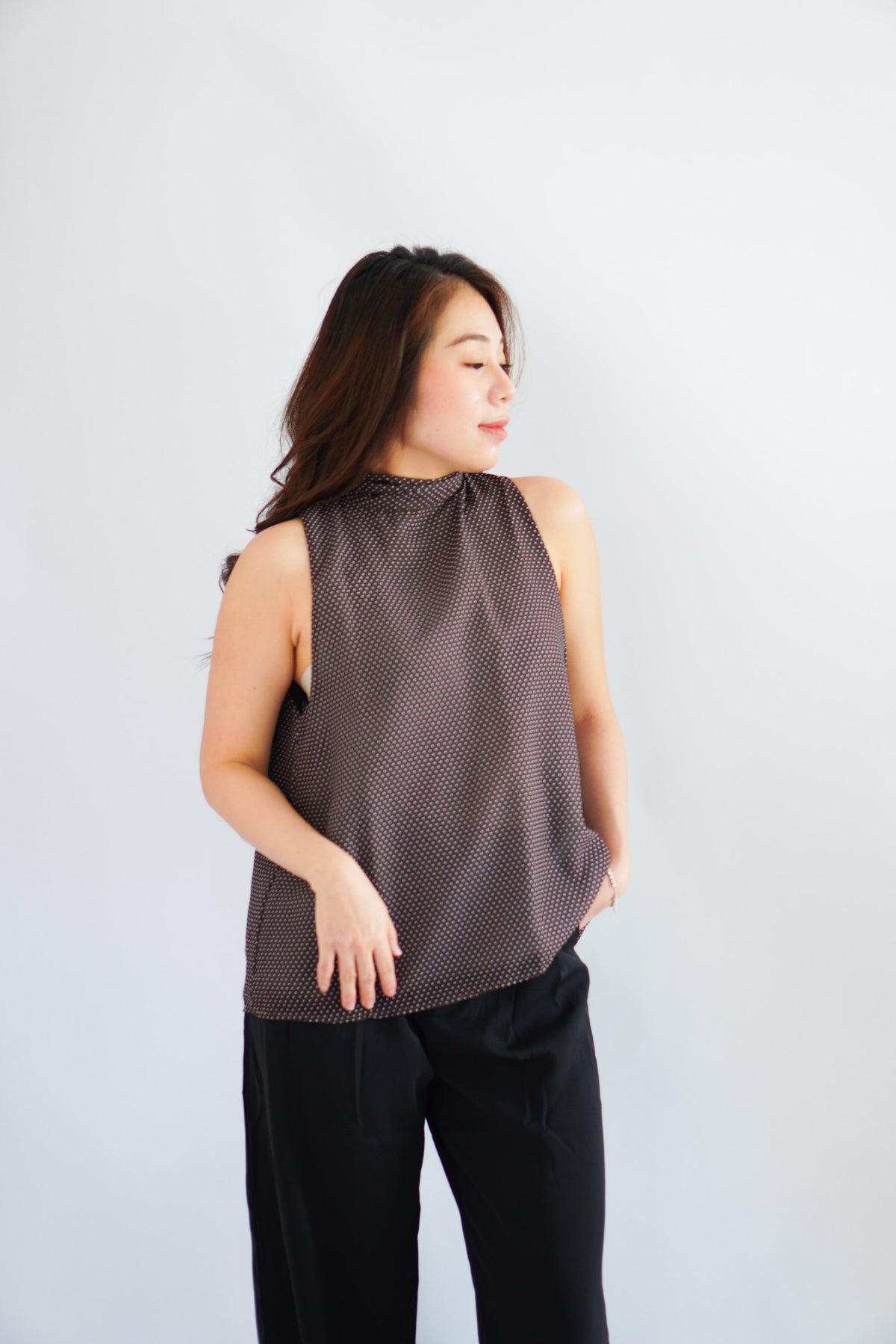 Valencia High Neck Polkadot Top in Brown