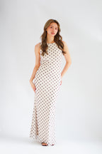 Lucille Polkadot Boat Neck Mesh Maxi Dress in Beige