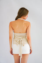 Nayeli V Neck Knit Self Wrap Top in Beige