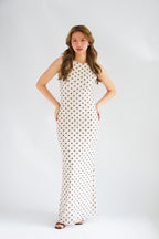 Lucille Polkadot Boat Neck Mesh Maxi Dress in Beige