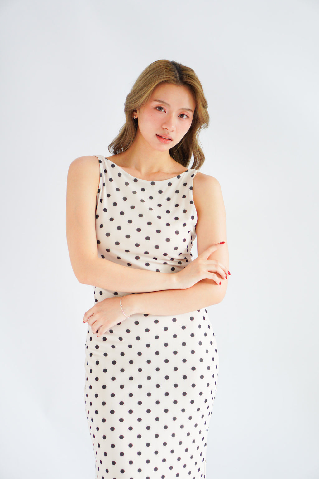 Lucille Polkadot Boat Neck Mesh Maxi Dress in Beige