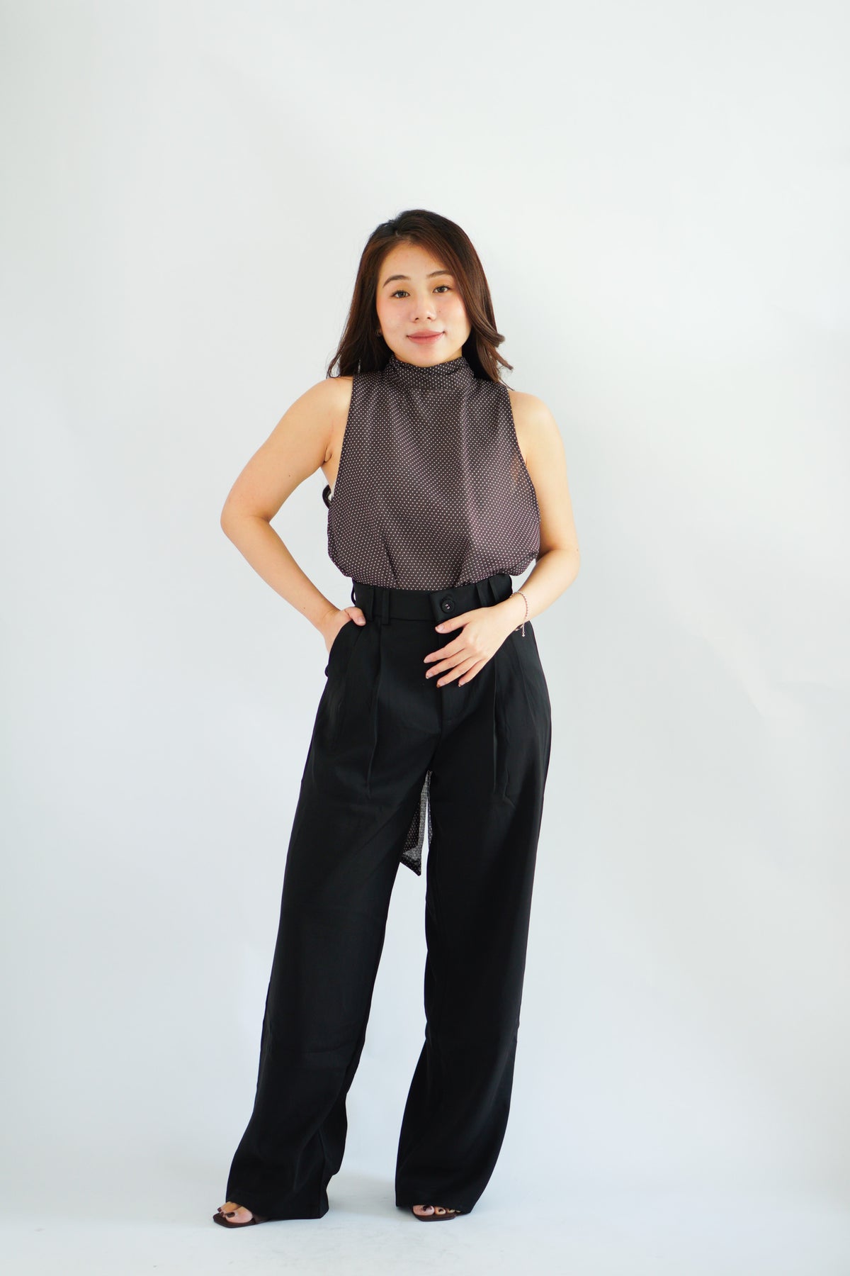 Valencia High Neck Polkadot Top in Brown