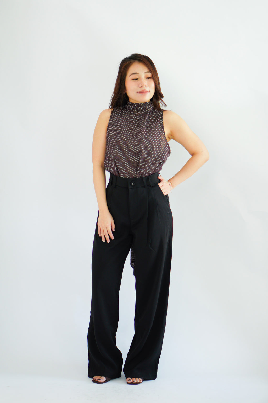 Valencia High Neck Polkadot Top in Brown