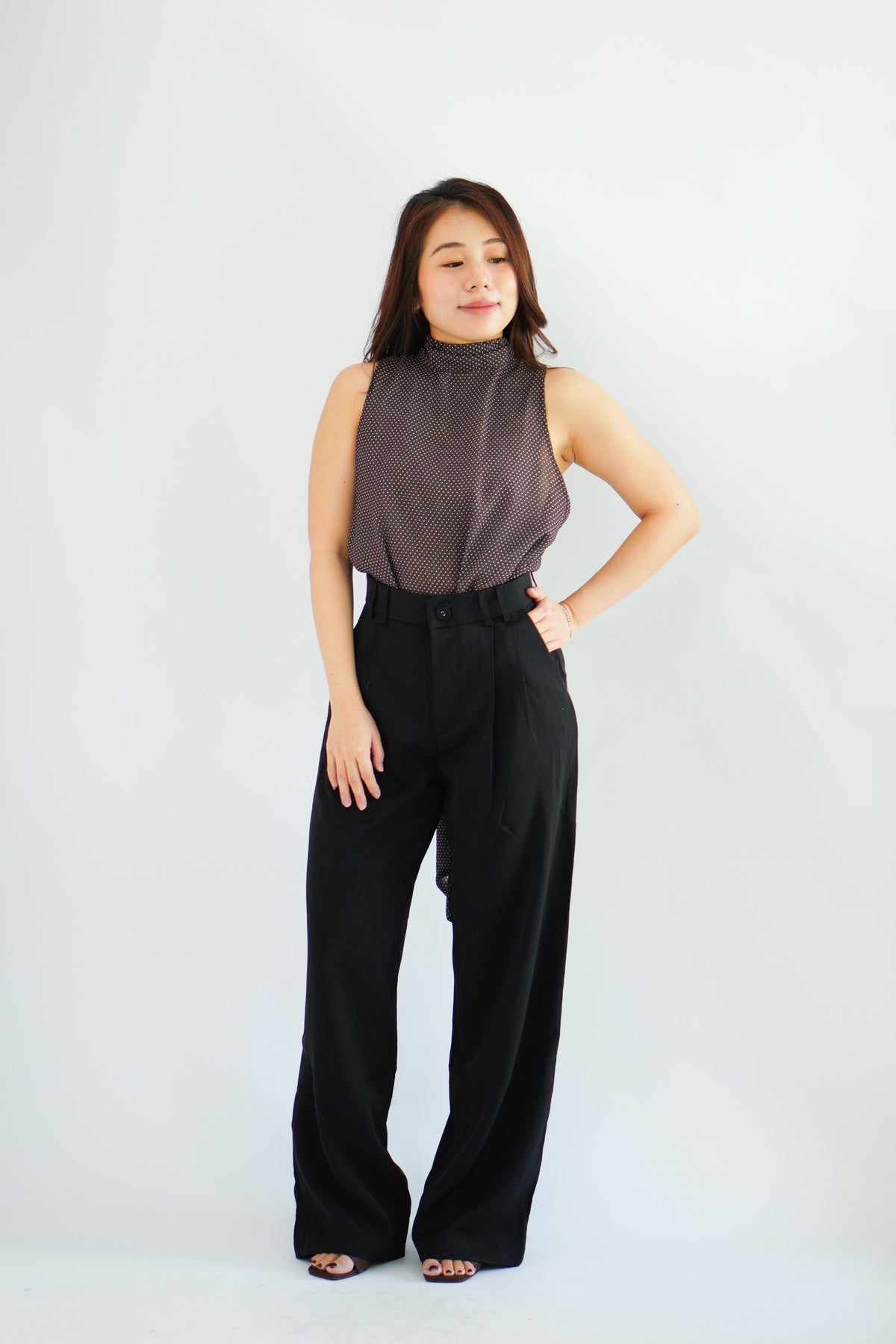 Valencia High Neck Polkadot Top in Brown