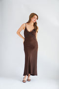 Ismerie Deep V Lace Satin Maxi Dress in Brown