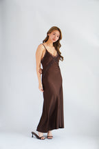 Ismerie Deep V Lace Satin Maxi Dress in Brown