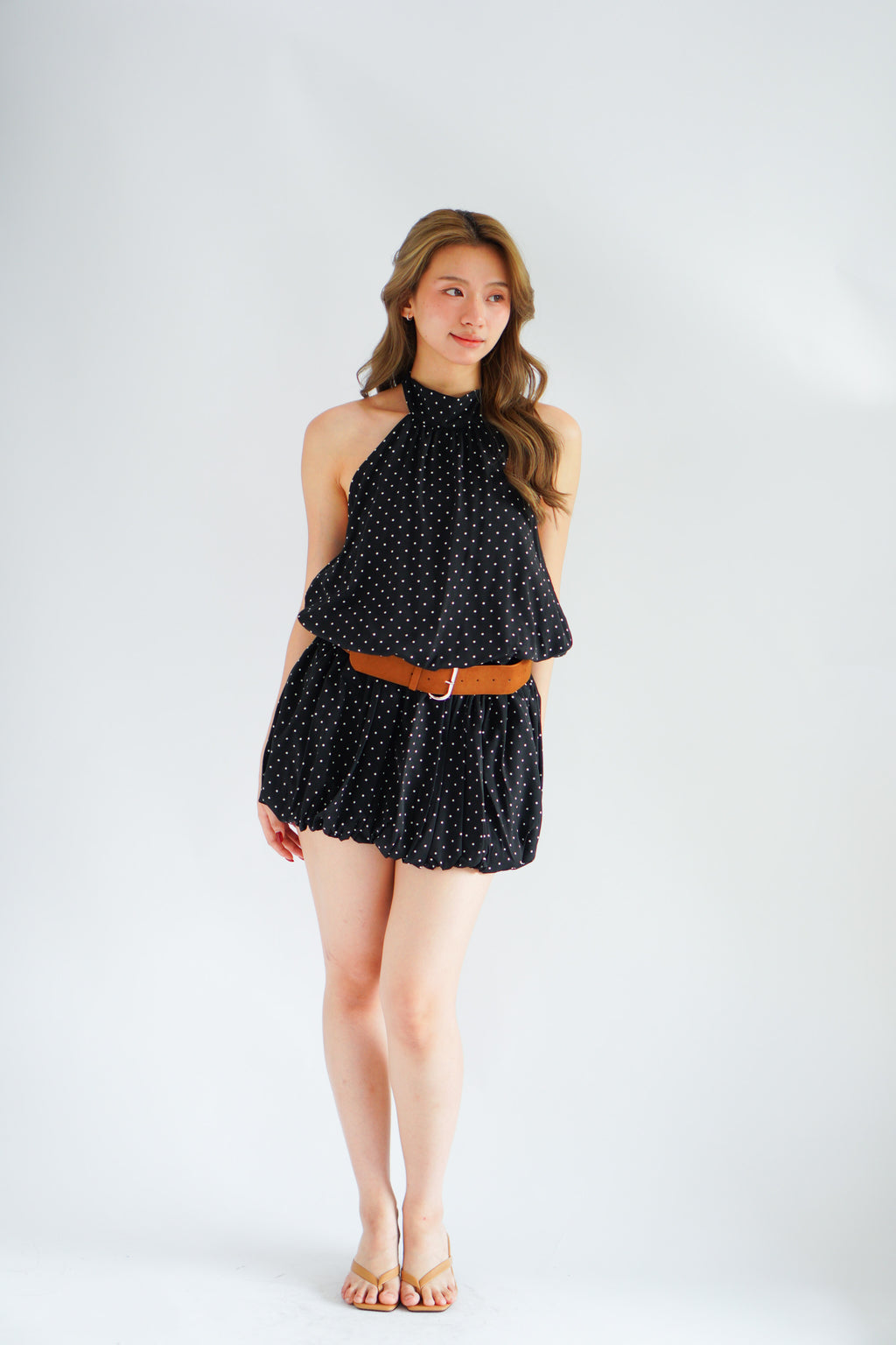 Jessamine Polkadot Choker Bubble Dress with Belt in Black
