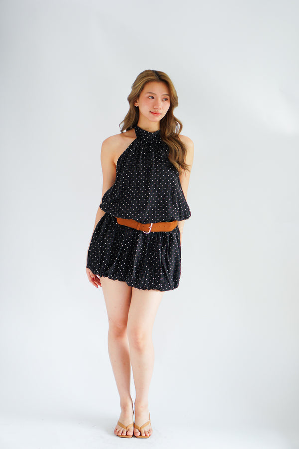 Jessamine Polkadot Choker Bubble Dress with Belt in Black