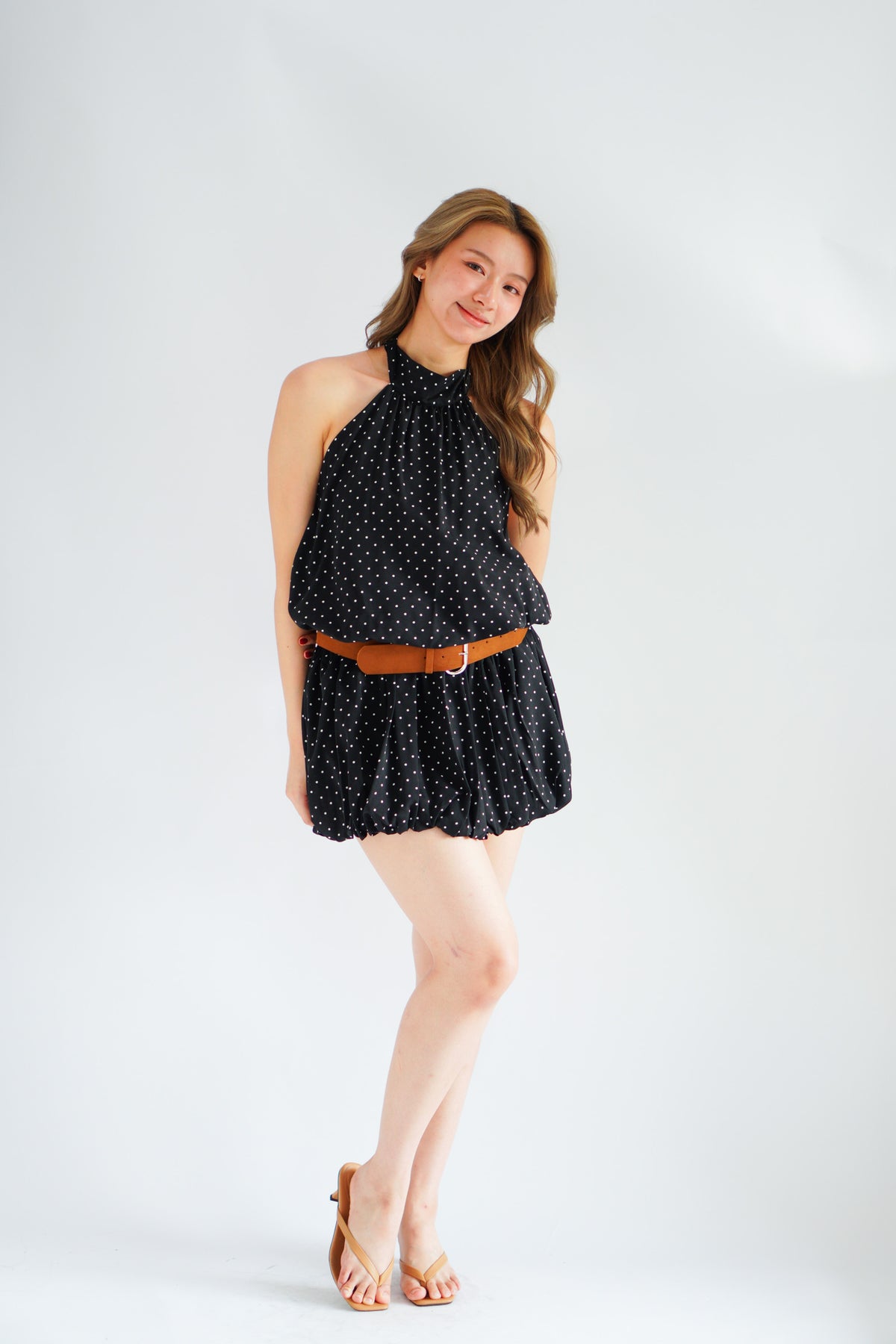 Jessamine Polkadot Choker Bubble Dress with Belt in Black