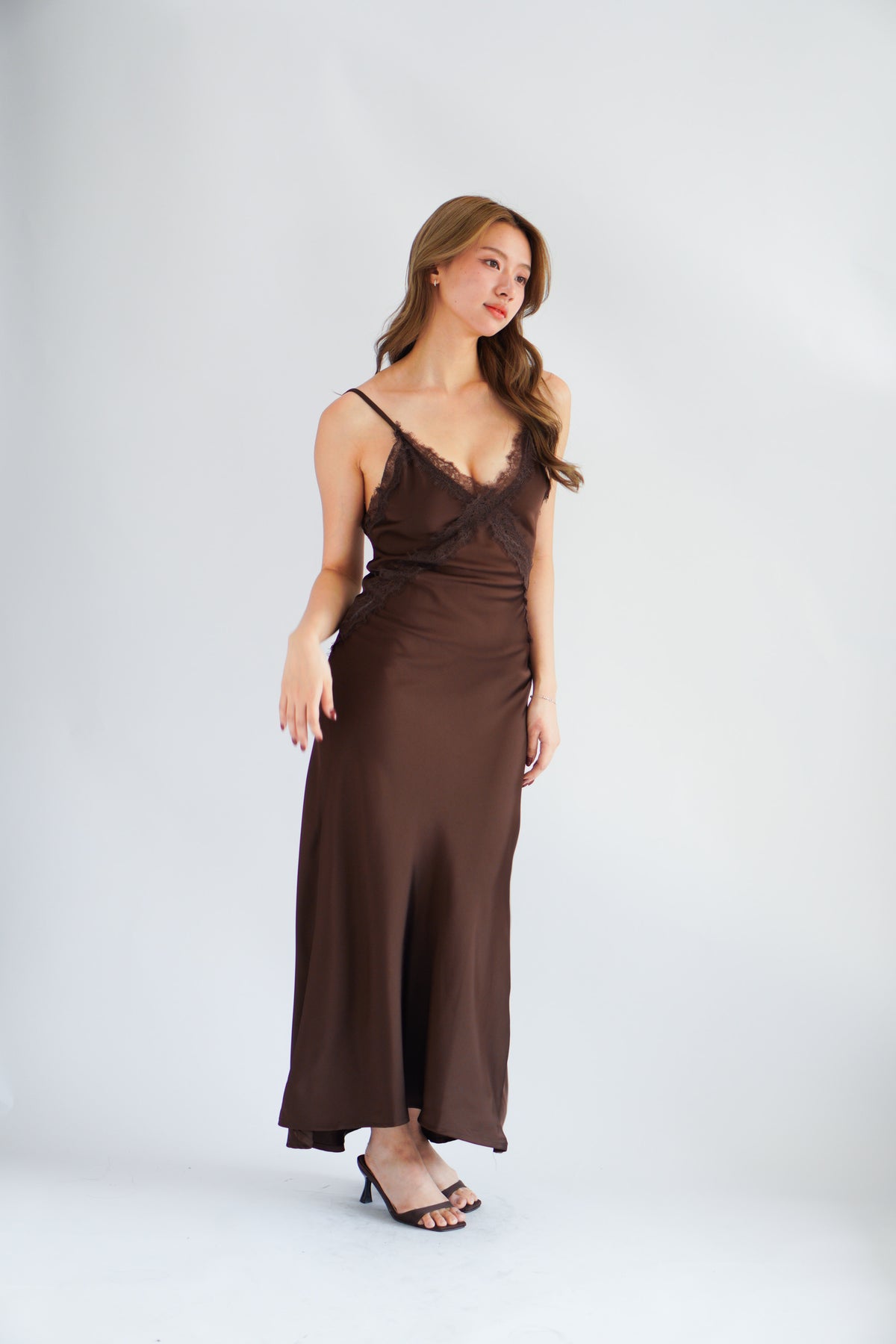 Ismerie Deep V Lace Satin Maxi Dress in Brown