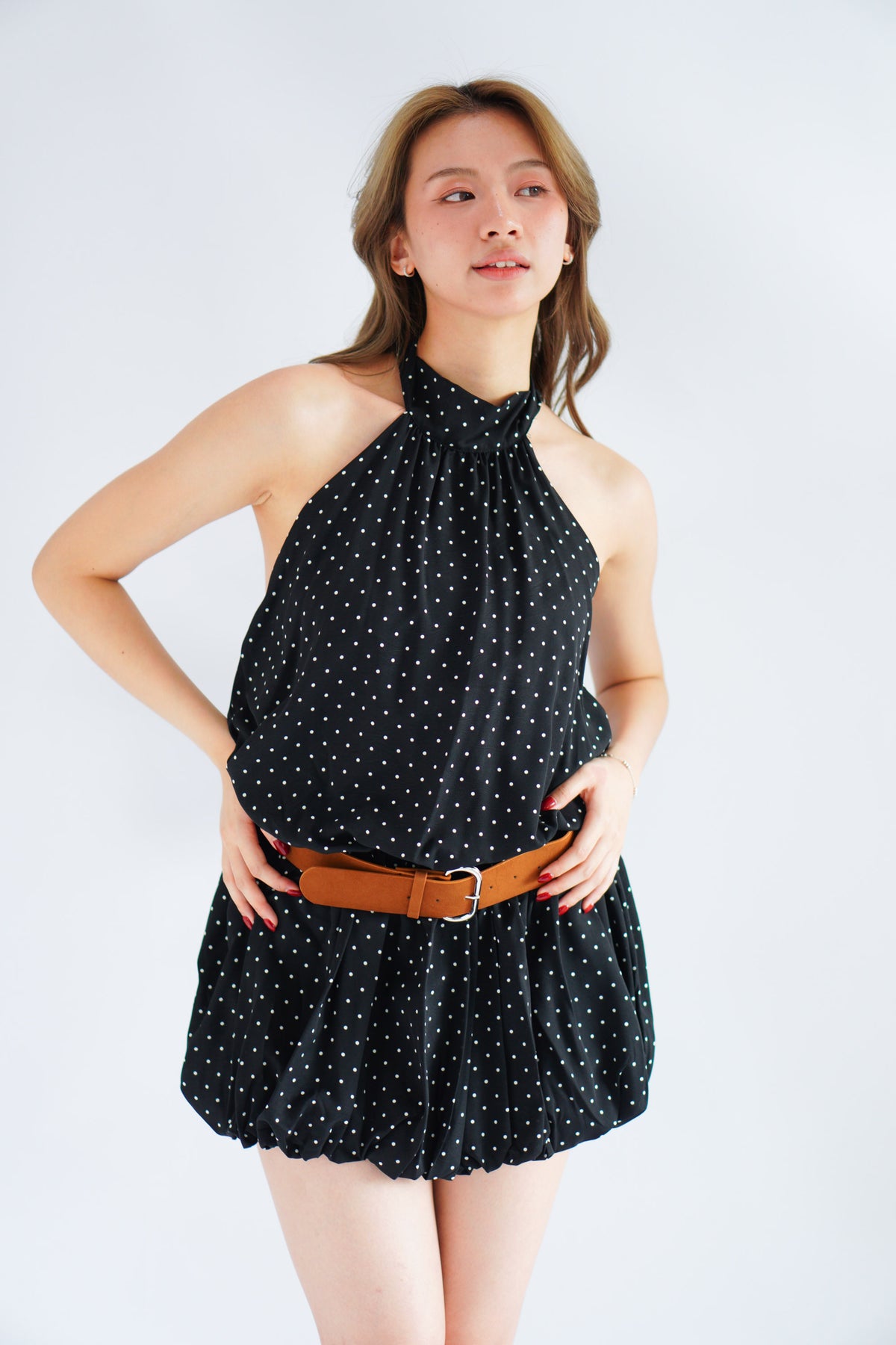 Jessamine Polkadot Choker Bubble Dress with Belt in Black