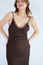 Ismerie Deep V Lace Satin Maxi Dress in Brown