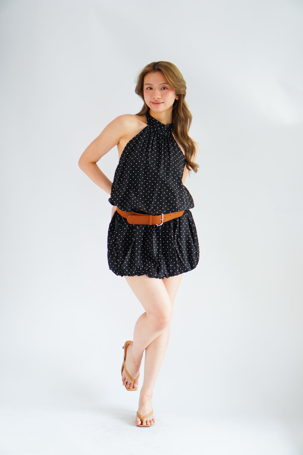 Jessamine Polkadot Choker Bubble Dress with Belt in Black
