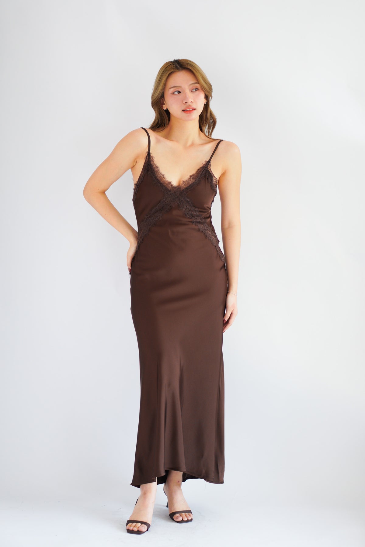 Ismerie Deep V Lace Satin Maxi Dress in Brown