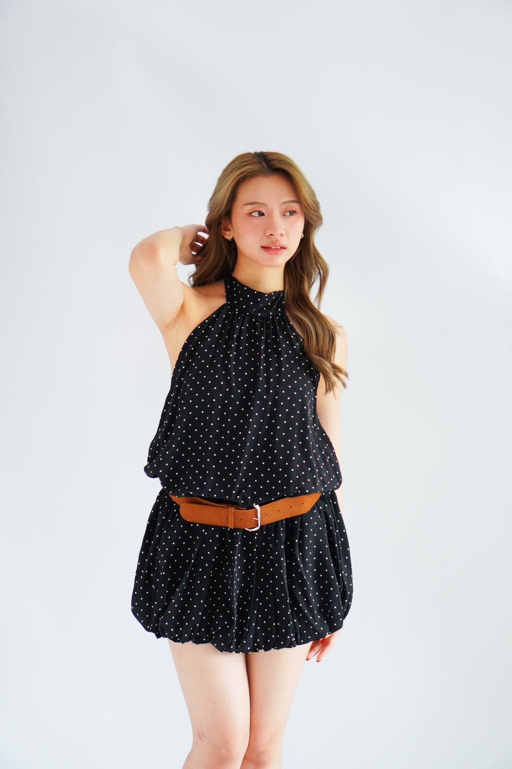 Jessamine Polkadot Choker Bubble Dress with Belt in Black