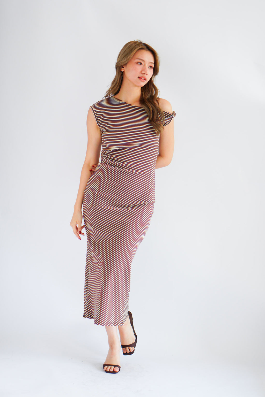 Nemi Toga Stripes Ruched Bodycon Maxi Dress in Khaki