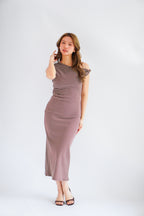 Nemi Toga Stripes Ruched Bodycon Maxi Dress in Khaki
