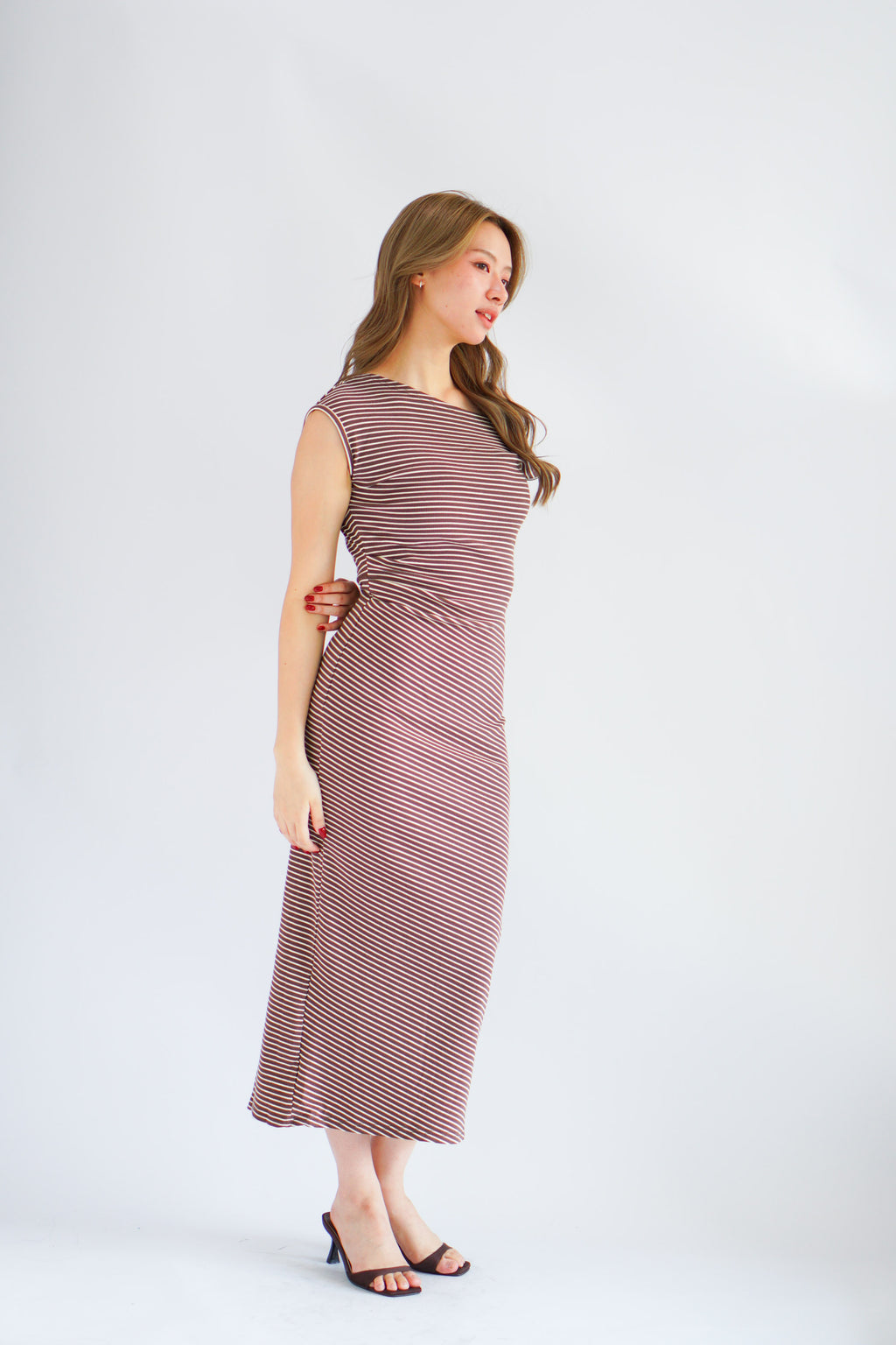 Nemi Toga Stripes Ruched Bodycon Maxi Dress in Khaki
