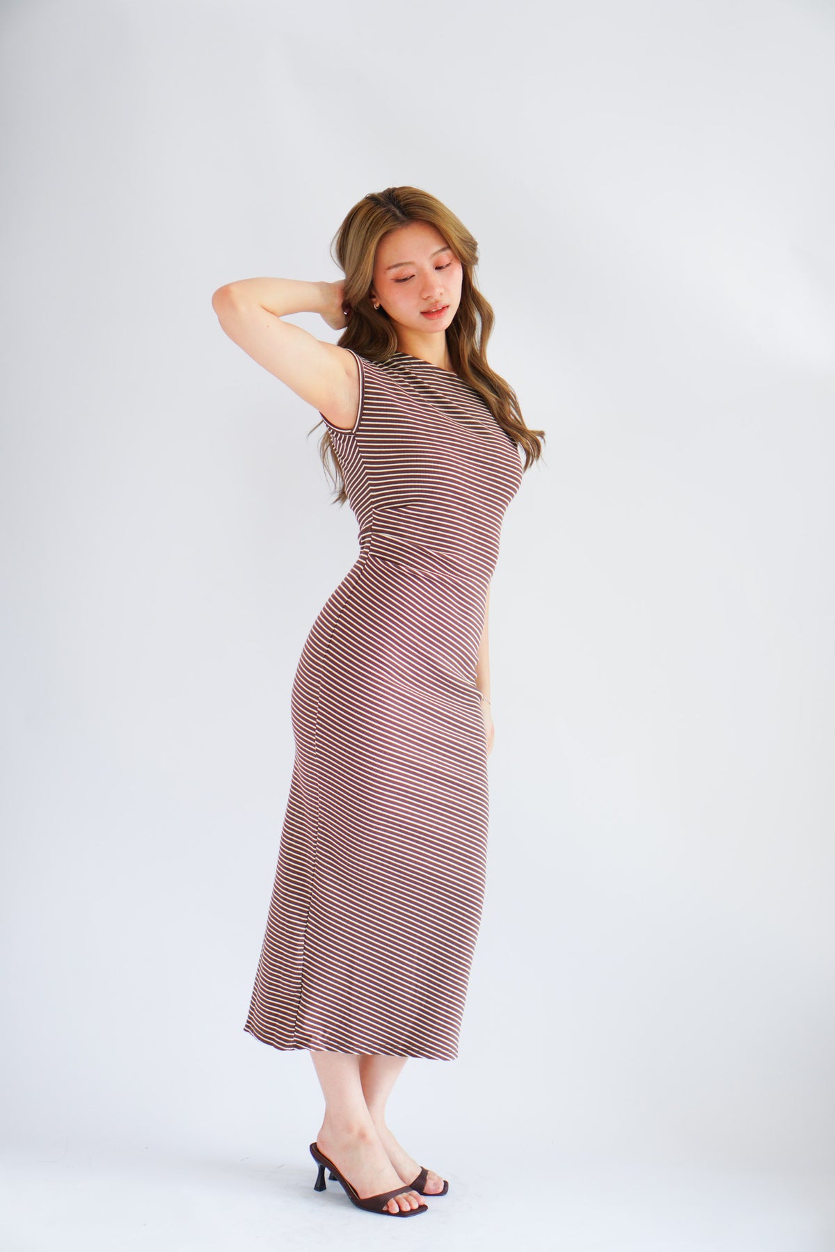 Nemi Toga Stripes Ruched Bodycon Maxi Dress in Khaki