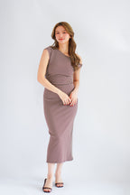 Nemi Toga Stripes Ruched Bodycon Maxi Dress in Khaki