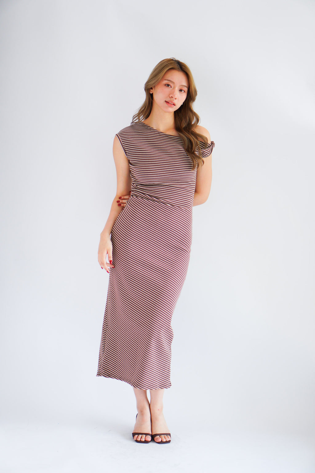 Nemi Toga Stripes Ruched Bodycon Maxi Dress in Khaki