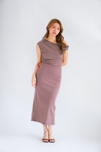Nemi Toga Stripes Ruched Bodycon Maxi Dress in Khaki