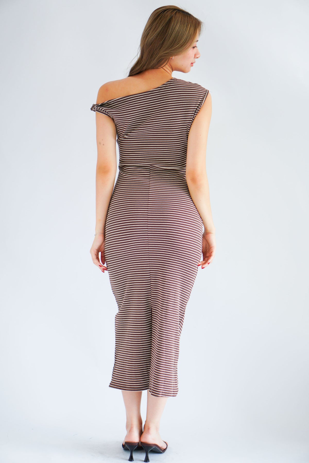 Nemi Toga Stripes Ruched Bodycon Maxi Dress in Khaki