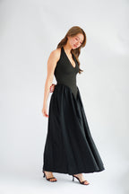 Adelaide Self Tied Halter Neck V Neck Maxi Dress in Black