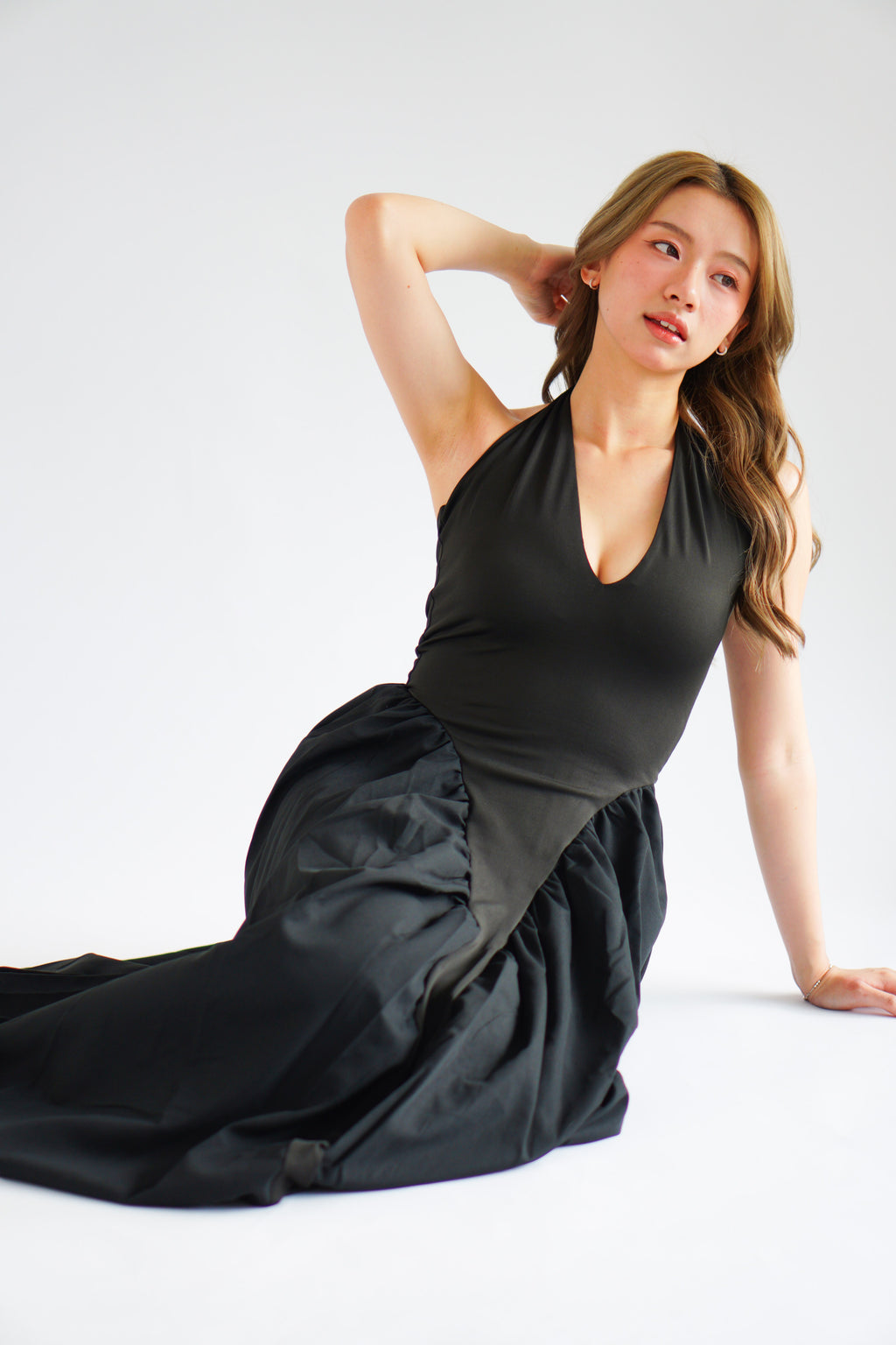 Adelaide Self Tied Halter Neck V Neck Maxi Dress in Black