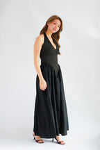 Adelaide Self Tied Halter Neck V Neck Maxi Dress in Black