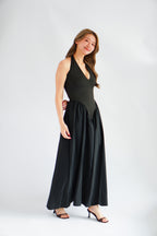 Adelaide Self Tied Halter Neck V Neck Maxi Dress in Black