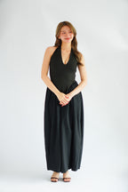 Adelaide Self Tied Halter Neck V Neck Maxi Dress in Black