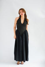Adelaide Self Tied Halter Neck V Neck Maxi Dress in Black
