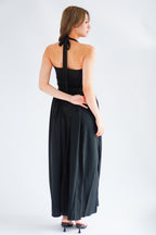 Adelaide Self Tied Halter Neck V Neck Maxi Dress in Black