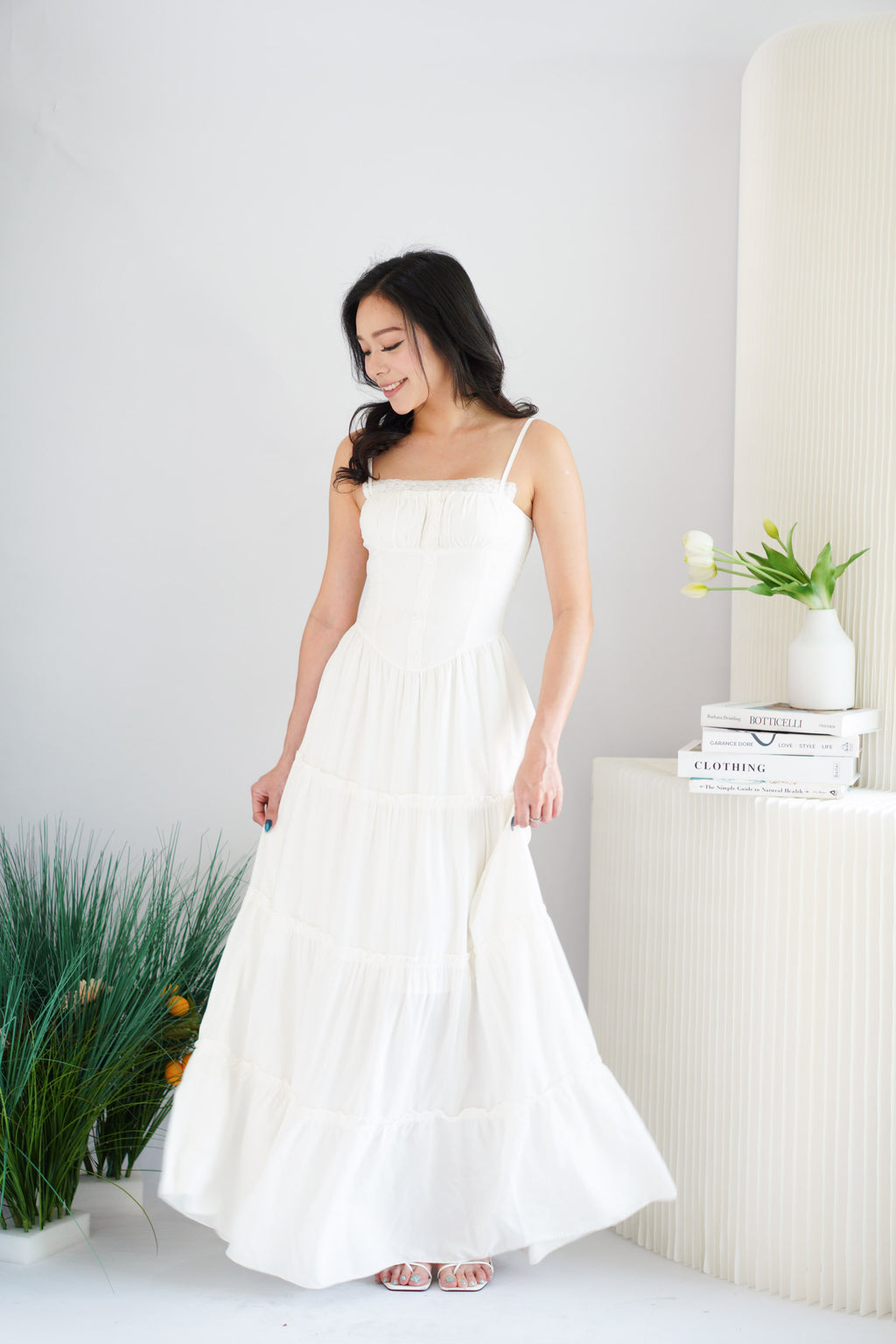 Lunia Ruched Bust Maxi Layered Dress in White