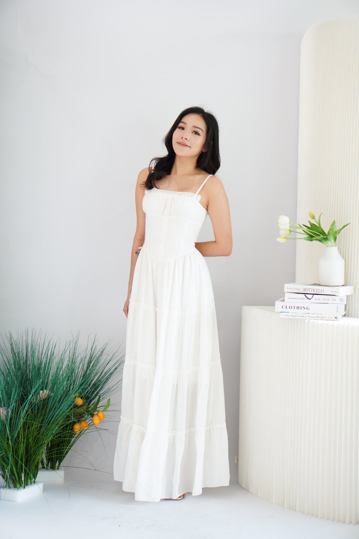 Lunia Ruched Bust Maxi Layered Dress in White