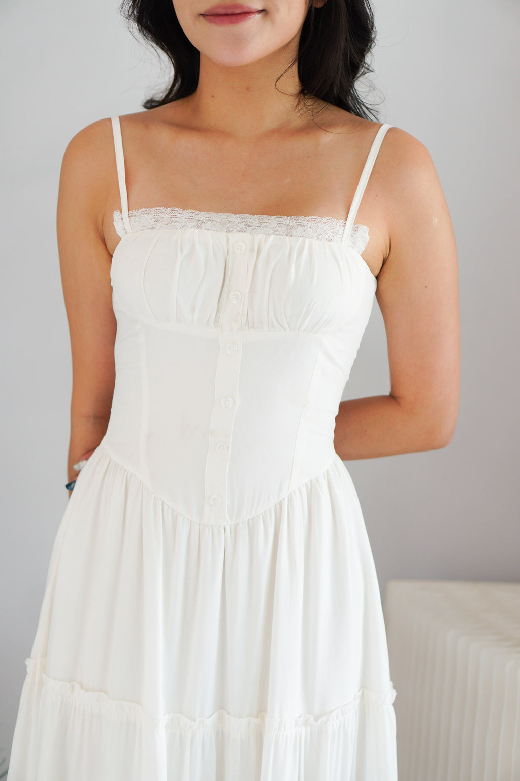Lunia Ruched Bust Maxi Layered Dress in White