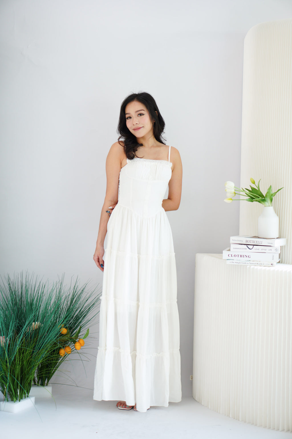 Lunia Ruched Bust Maxi Layered Dress in White