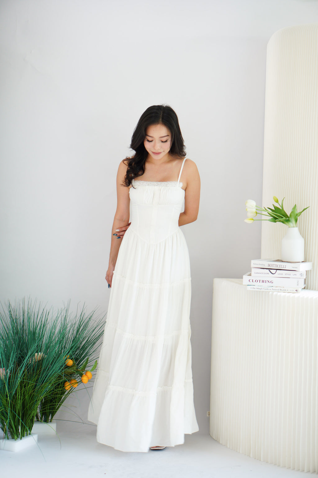 Lunia Ruched Bust Maxi Layered Dress in White