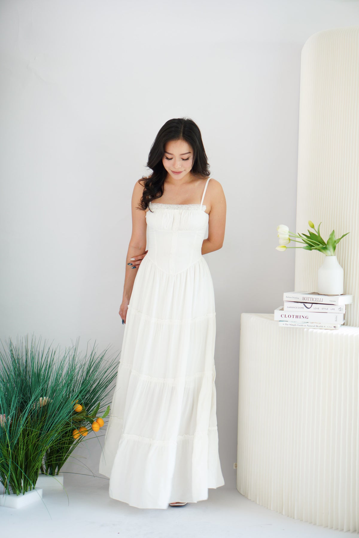 Lunia Ruched Bust Maxi Layered Dress in White
