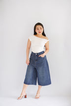 Greyson Wide Legged Cropped Denim Jeans in Dark Blue