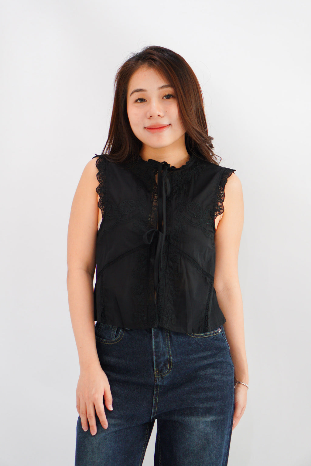 Abella Eyelet Lace Tie Top in Black
