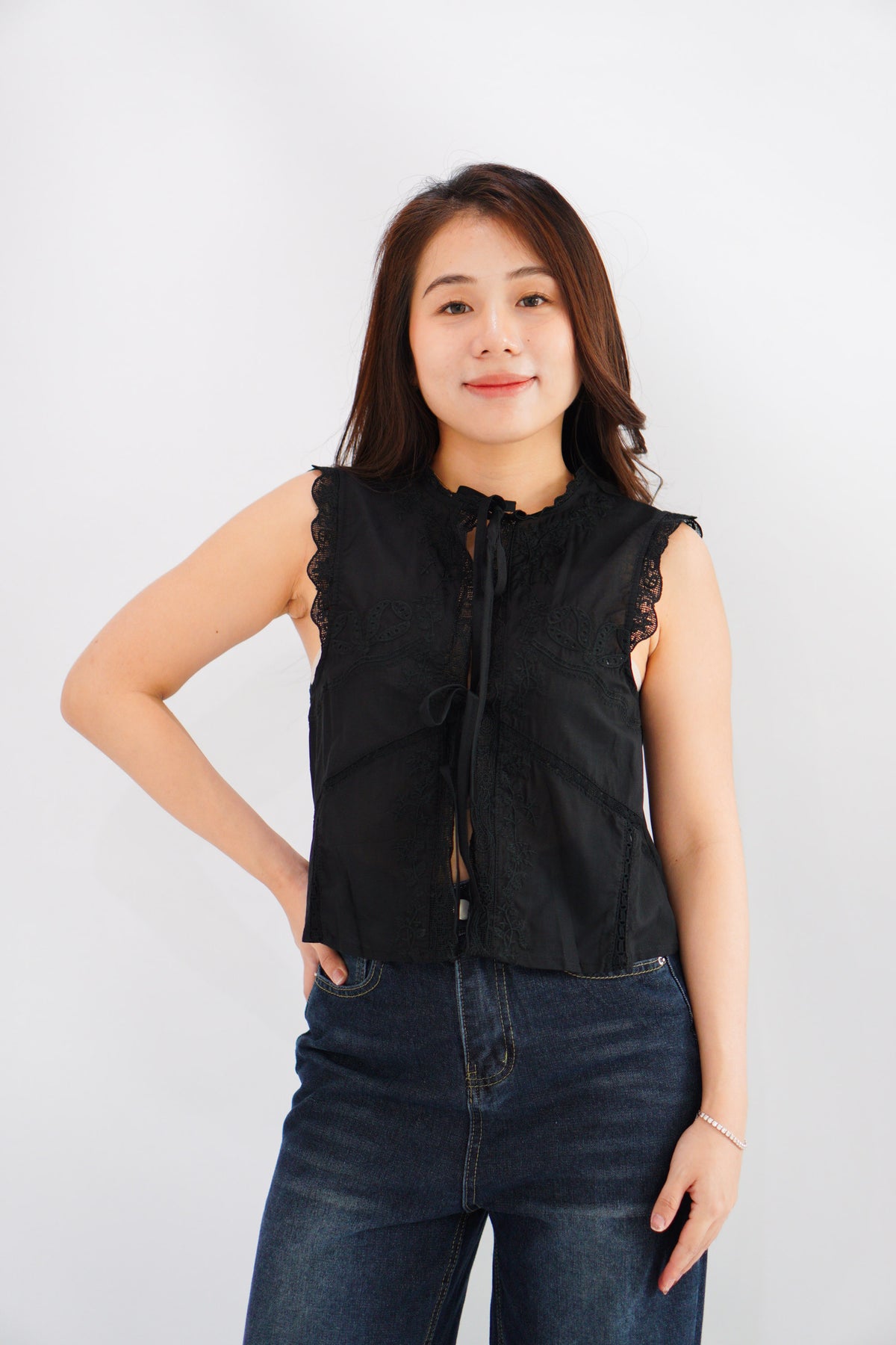 Abella Eyelet Lace Tie Top in Black