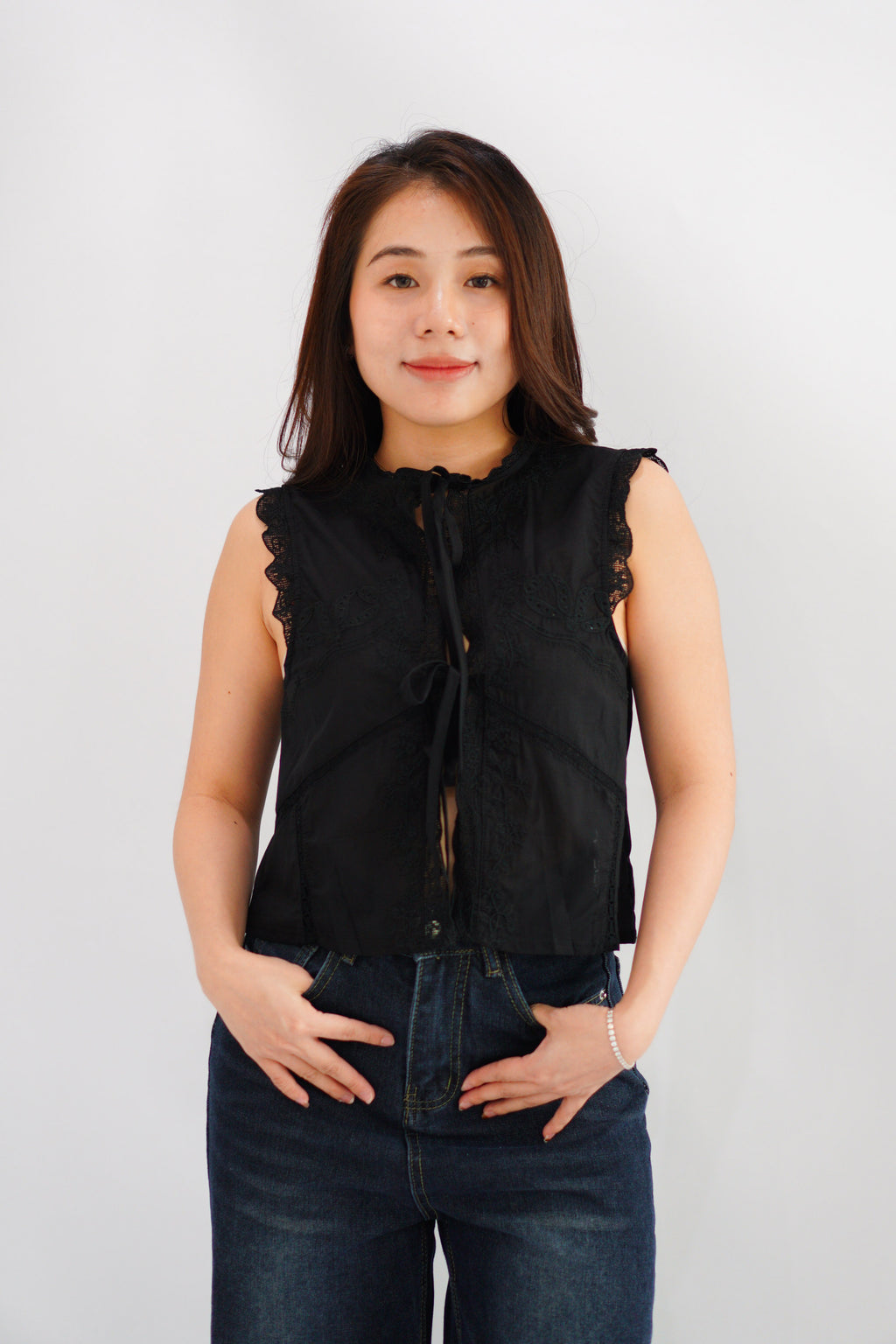 Abella Eyelet Lace Tie Top in Black