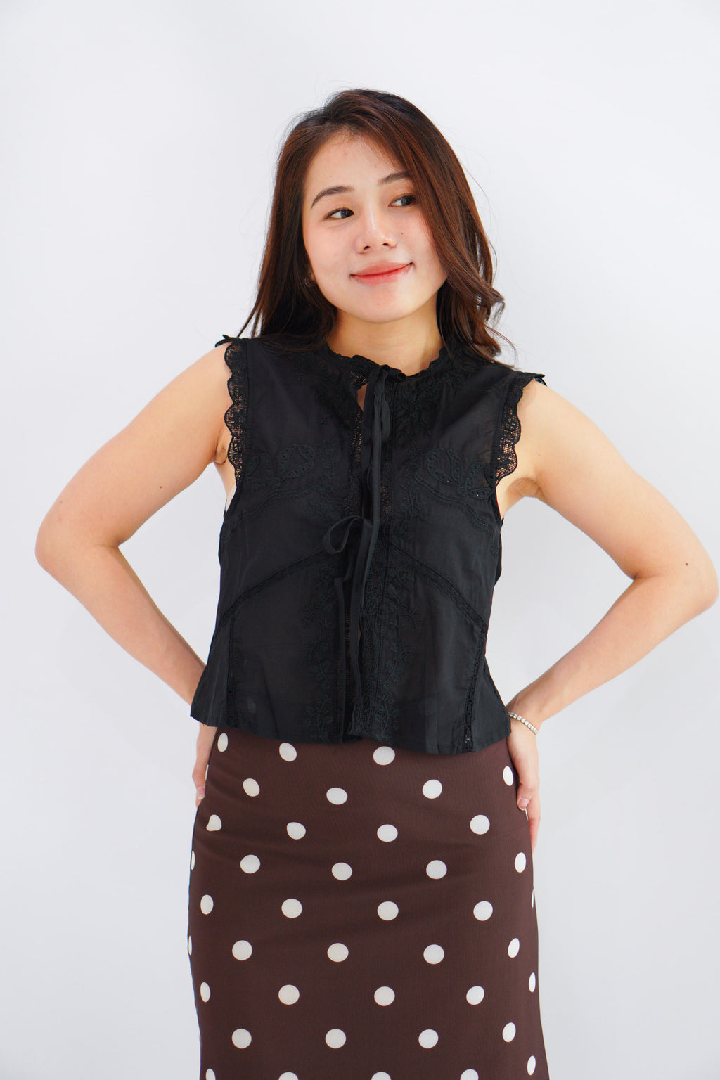 Abella Eyelet Lace Tie Top in Black
