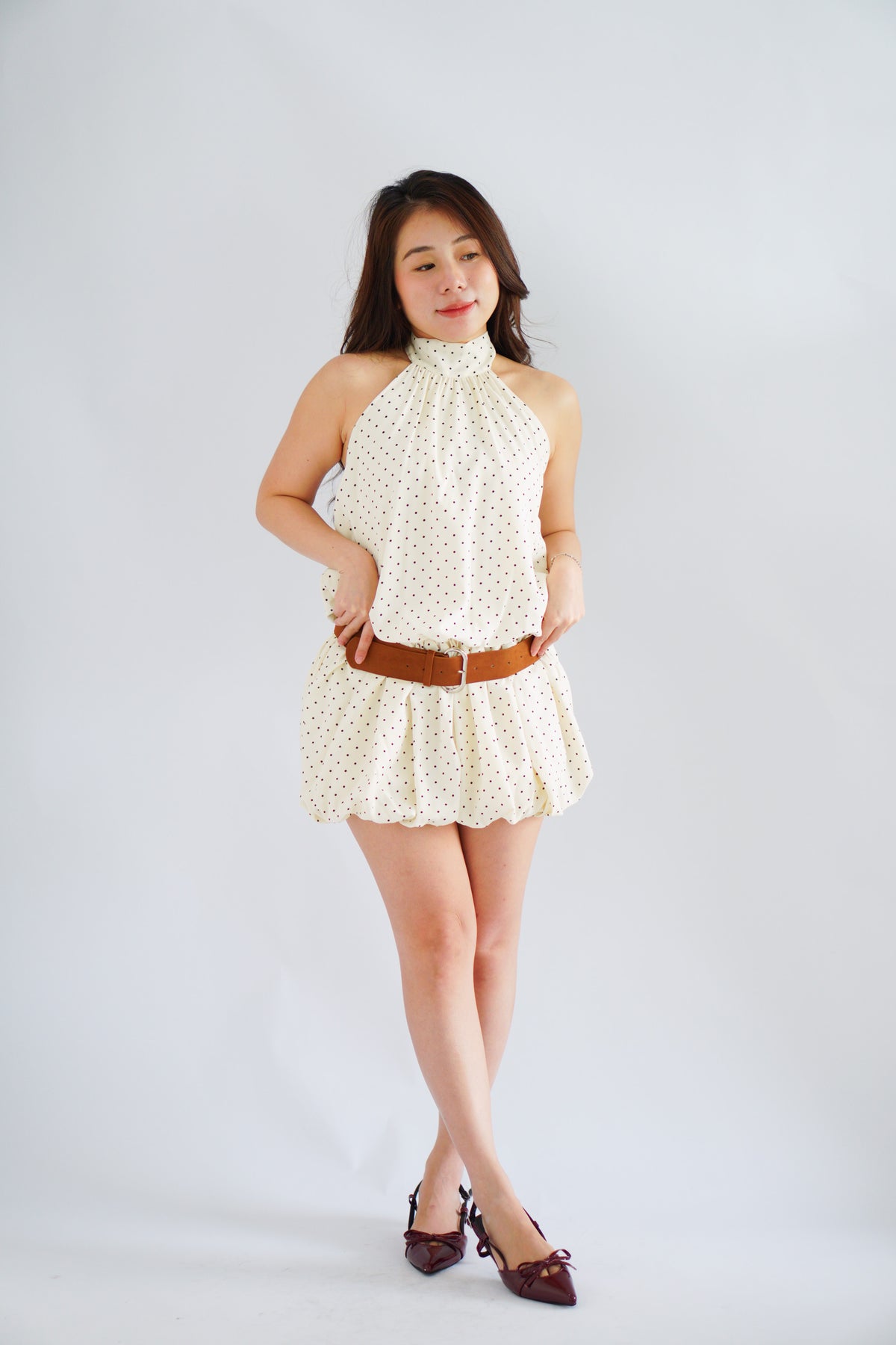 (BACKORDER) Jessamine Polkadot Choker Bubble Dress with Belt in Cream